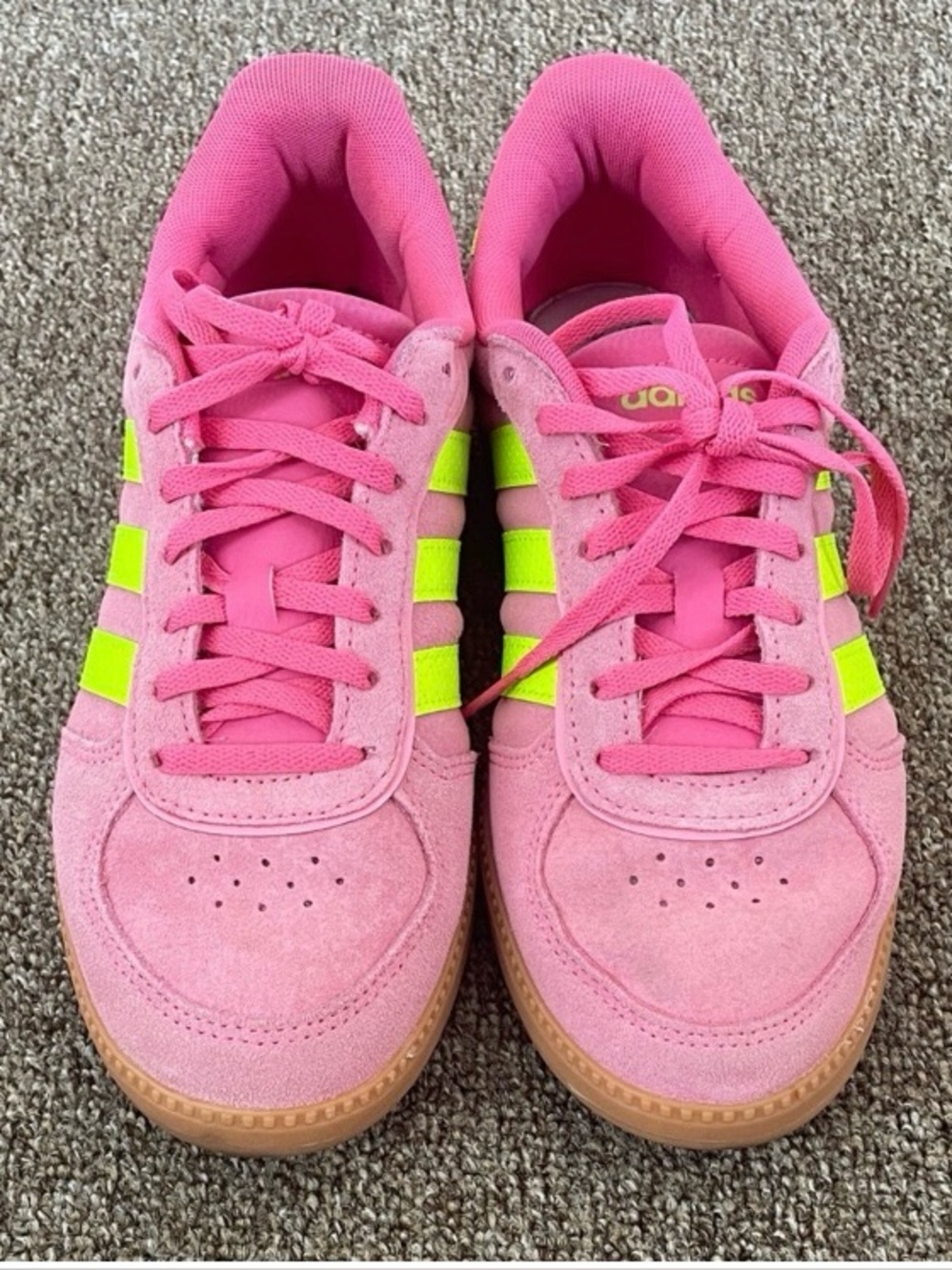adidas Pink and Neon Yellow Women's Suede Sneakers - Picture 2 of 9